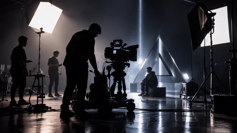 Plateau de tournage, caméra sur dolly et projecteurs, un triangle au fond
